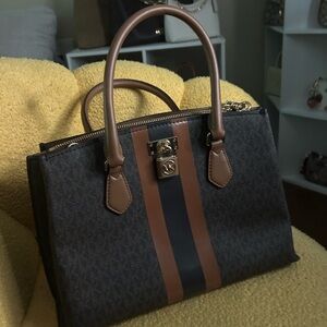 Michael Kors Brown and Black Signature Stripe Satchel with Gold Hardware